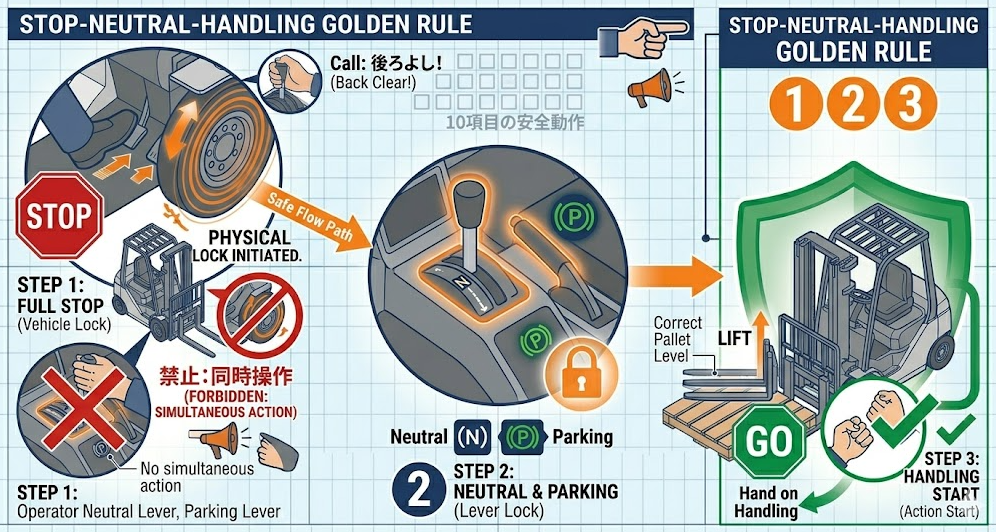フォークリフトの荷役作業手順における「安全の型：停止→中立→荷役（この順番で事故を減らす）」を把握して成功したフォークマン