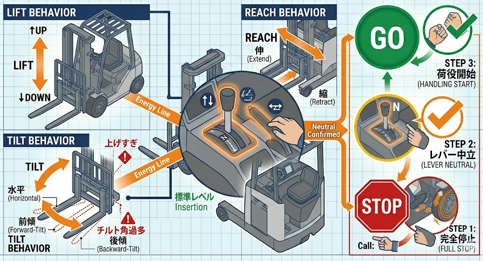 フォークリフトの荷役作業手順における「フォークリフト 操作レバーの基本｜昇降・チルト・リーチの役割と誤操作を防ぐ考え方」を把握して成功したフォークマン