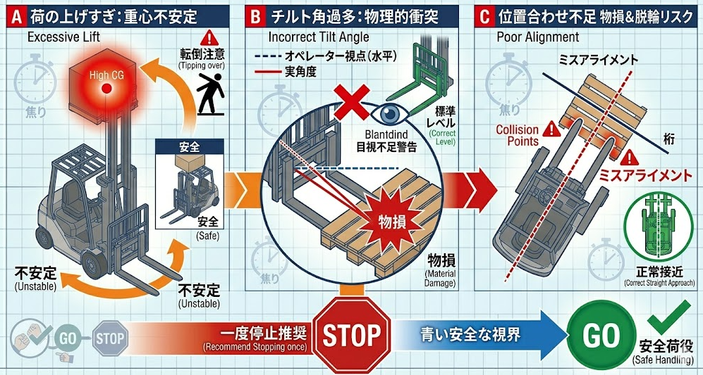 フォークリフトの荷役作業手順における「やりがちミス（上げすぎ・チルト角過多・位置合わせ不足）が起こる理由」を把握して成功したフォークマン