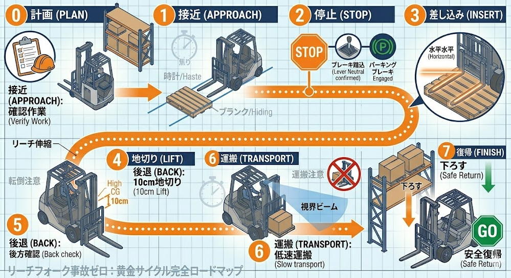 フォークリフトの荷役作業手順における「【時系列】安全なフォークリフト 荷役作業手順（標準8ステップ）｜積み取りから積み下ろしまで」を把握して成功したフォークマン