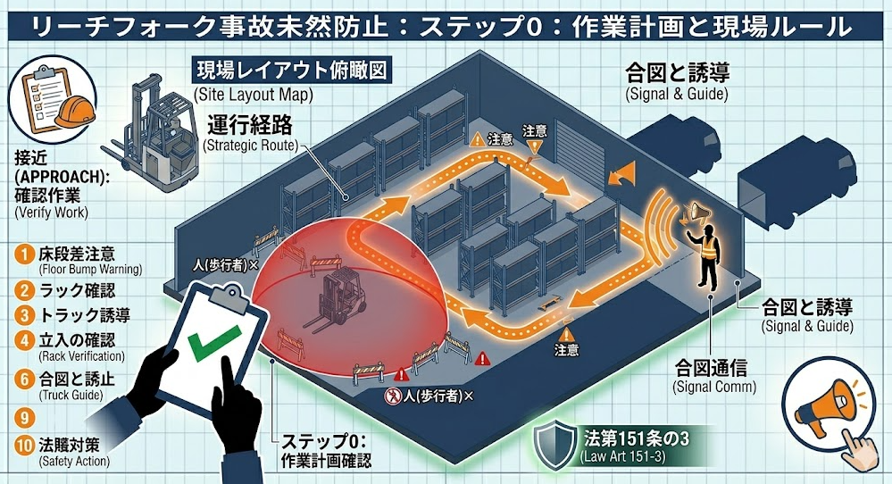 フォークリフトの荷役作業手順における「ステップ0：作業計画の確認（運行経路・作業方法・合図・立入禁止）」を把握して成功したフォークマン