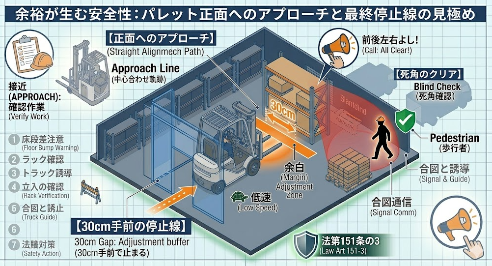 フォークリフトの荷役作業手順における「ステップ1：荷へのアプローチ（低速・死角・停止位置）」を把握して成功したフォークマン