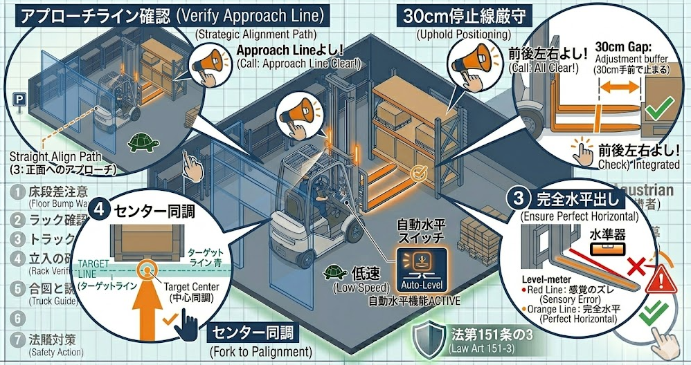 フォークリフトの荷役作業手順における「ステップ3：フォーク水平・高さ合わせ（間口の高さへ）」を把握して成功したフォークマン
