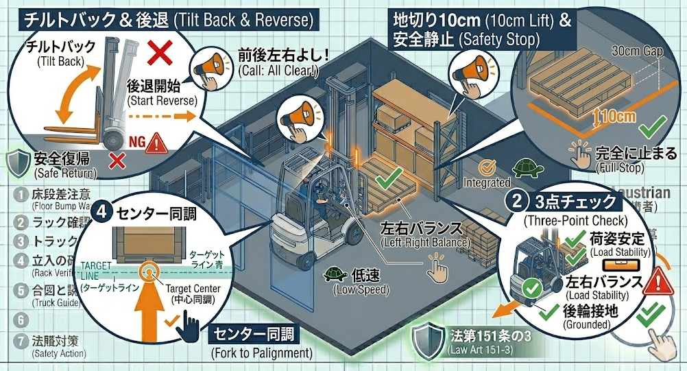 フォークリフトの荷役作業手順における「ステップ5：地切り（10cm程度）→荷の安定確認→後退」を把握して成功したフォークマン