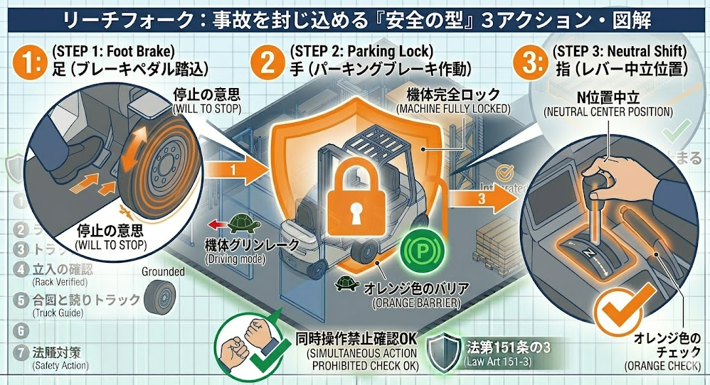 フォークリフトの荷役作業手順における「ステップ2：停止→パーキングブレーキ→前後進レバー中立（安全の型）」を把握して成功したフォークマン