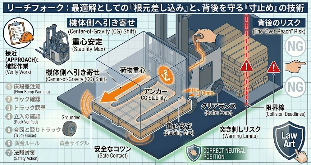 フォークリフトの荷役作業手順における「ステップ4：差し込み（根元まで、ただし“刺さり過ぎ”を防ぐ）」を把握して成功したフォークマン
