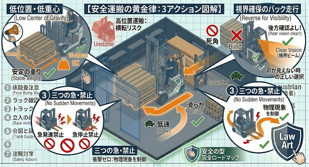 フォークリフトの荷役作業手順における「ステップ6：運搬（低い位置・急操作禁止・視界が悪い時は後進／誘導）」を把握して成功したフォークマン