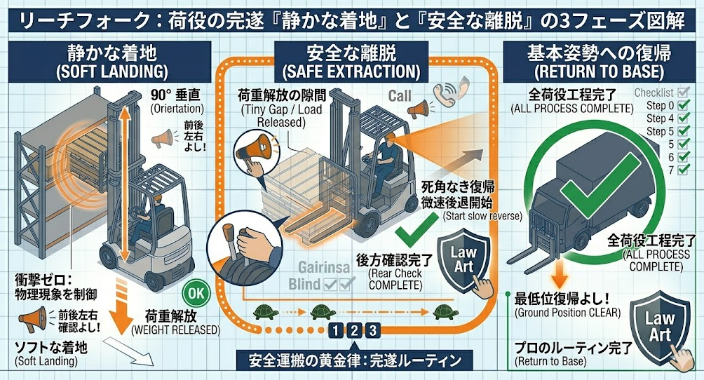 フォークリフトの荷役作業手順における「ステップ7：積み付け（所定位置で静かに降ろす→抜く→復帰）」を把握して成功したフォークマン