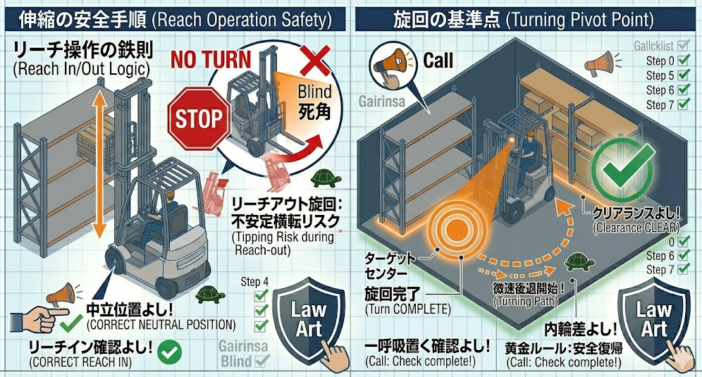 フォークリフトの荷役作業手順における「リーチ式の補足（伸縮操作・狭路の基準点・ラック前の注意）」を把握して成功したフォークマン