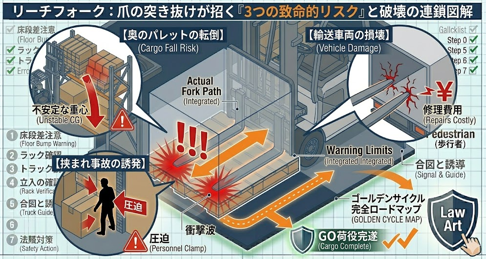 フォークリフトの荷役作業手順における「差し込みすぎが危ない理由（奥の荷物・荷台・壁を破損、荷崩れ誘発）」を把握して成功したフォークマン