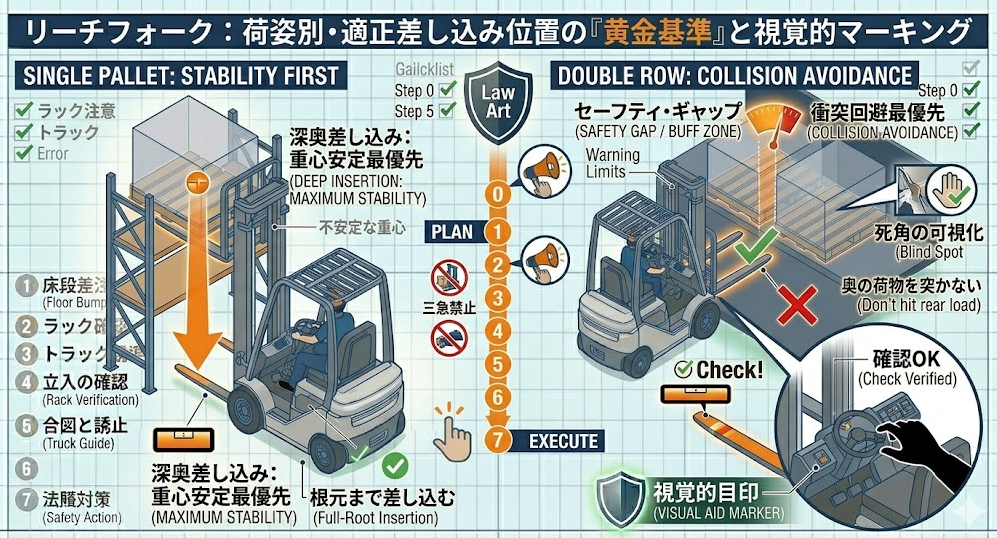 フォークリフトの荷役作業手順における「適正な差し込みの考え方（根元まで入れる／荷姿で調整）」を把握して成功したフォークマン