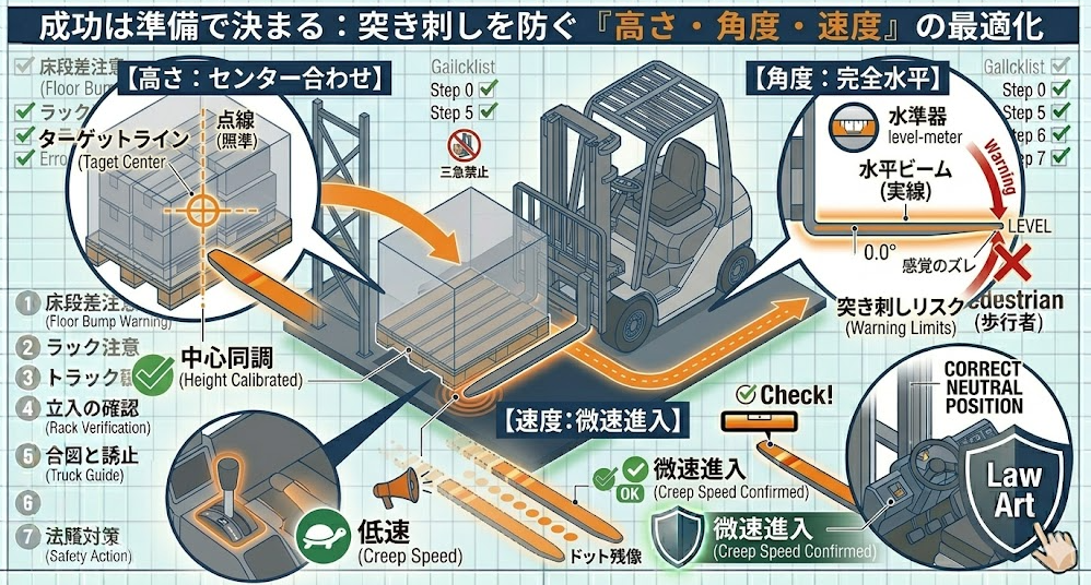 フォークリフトの荷役作業手順における「差し込み前にやるべき“高さ・角度・速度”の整え方（突き刺し防止と連動）」を把握して成功したフォークマン