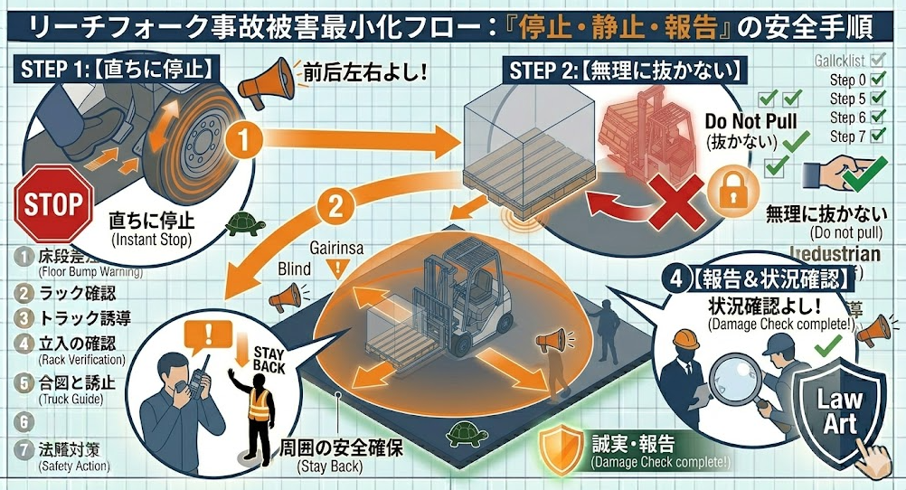 フォークリフトの荷役作業手順における「刺してしまった時の安全対応（無理に抜かない、停止→周囲確保→状況確認）」を把握して成功したフォークマン