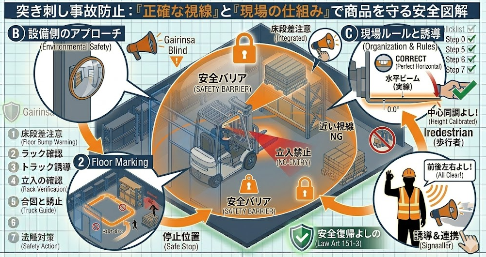 フォークリフトの荷役作業手順における「フォークリフトの突き刺し事故防止対策｜視認性と正確なアプローチで商品を守る」を把握して成功したフォークマン