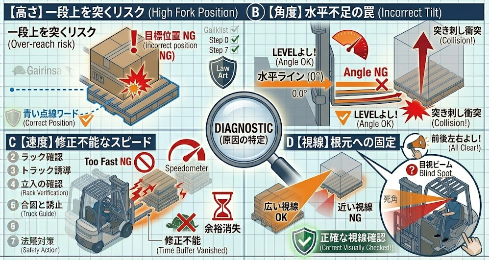 フォークリフトの荷役作業手順における「突き刺しが起きる典型原因（爪が高い／チルト不適／速度／視線が近い）」を把握して成功したフォークマン