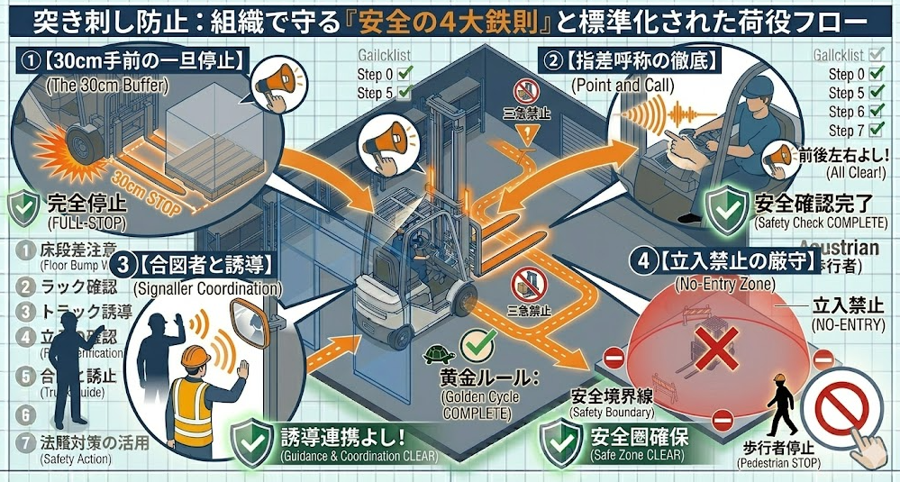フォークリフトの荷役作業手順における「突き刺し防止の現場ルール（停止位置・合図・誘導・立入禁止）」を把握して成功したフォークマン