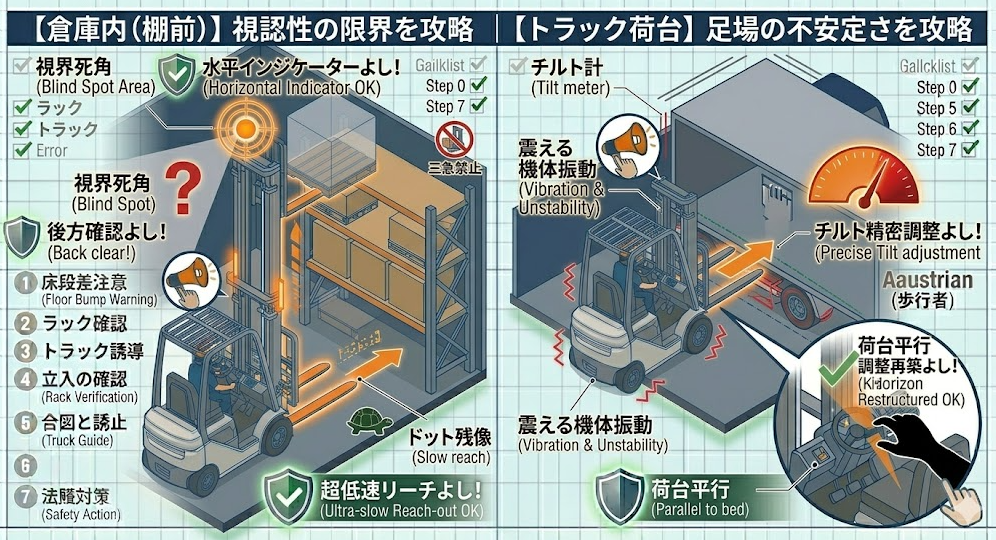 フォークリフトの荷役作業手順における「倉庫内（棚前）とトラック荷台で変わる対策ポイント」を把握して成功したフォークマン