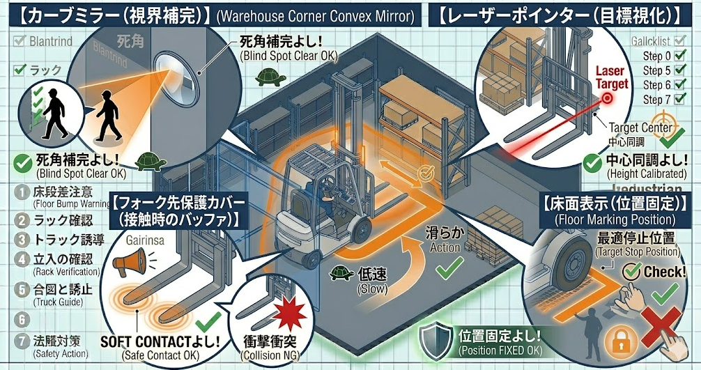 フォークリフトの荷役作業手順における「安全対策の“設備側”アプローチ（ミラー・区画・表示）」を把握して成功したフォークマン