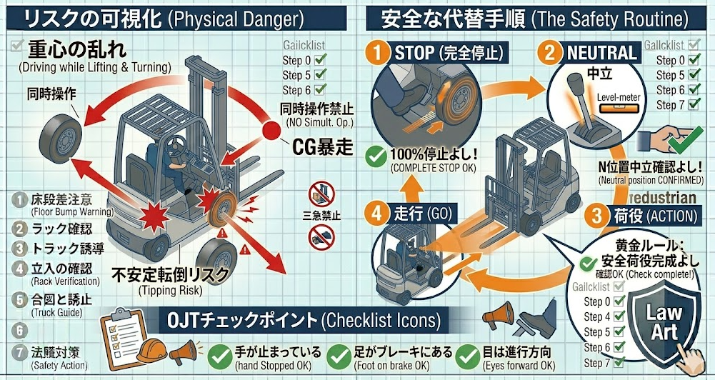 フォークリフトの荷役作業手順における「厳禁：フォークリフト 同時操作 禁止の理由｜操作レバーと走行を同時に扱うと危険なワケ」を把握して成功したフォークマン