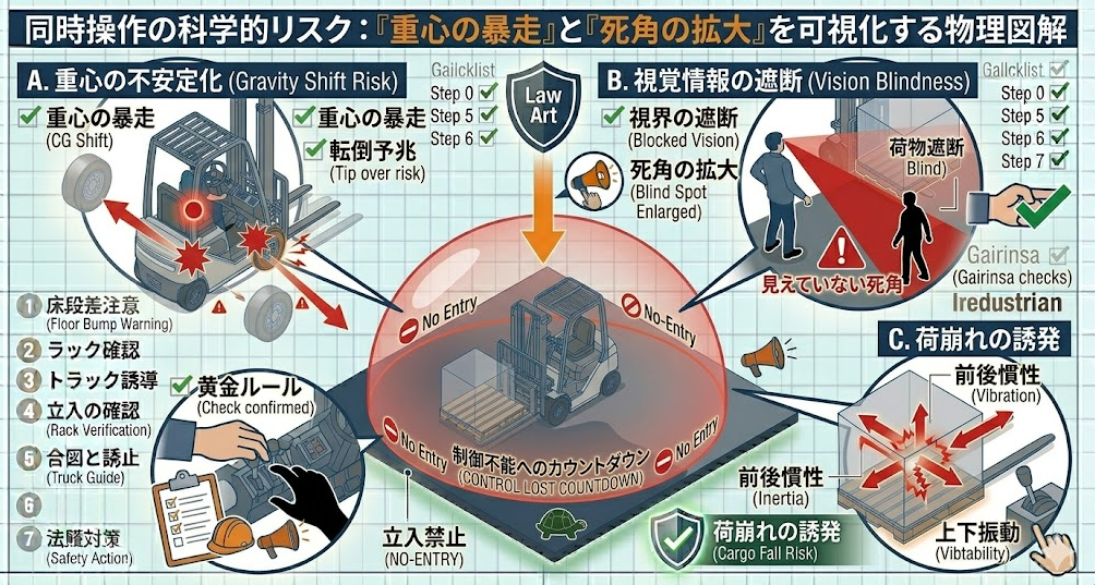 フォークリフトの荷役作業手順における「同時操作とは何か（走行しながら昇降・チルト・リーチ等）」を把握して成功したフォークマン