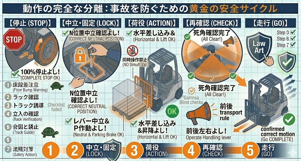 フォークリフトの荷役作業手順における「なぜ危険？（重心移動・視界悪化・荷崩れ・転倒リスク）」を把握して成功したフォークマン