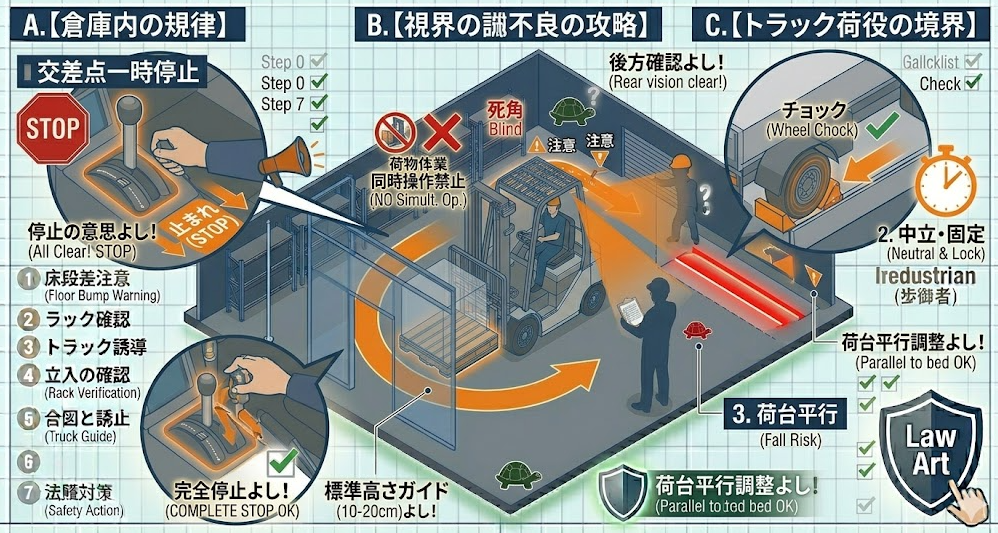 フォークリフトの荷役作業手順における「教育担当者向け：同時操作をさせないOJT声かけ・チェック項目」を把握して成功したフォークマン