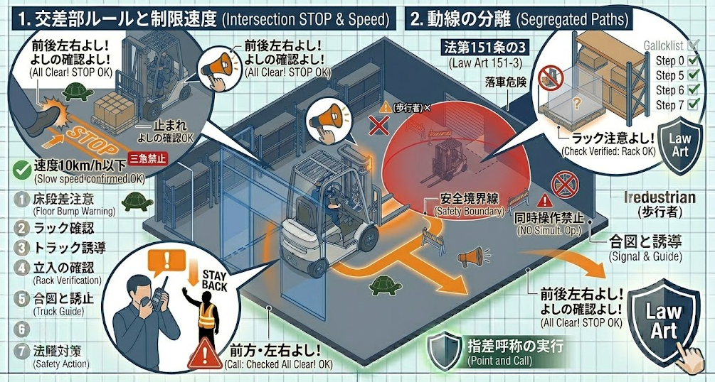 フォークリフトの荷役作業手順における「運搬の結論：荷は低く、速度は抑え、死角を前提に走る」を把握して成功したフォークマン