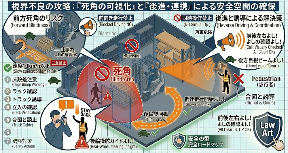 フォークリフトの荷役作業手順における「倉庫内の運搬ルール（交差部一時停止・安全通路・徐行）」を把握して成功したフォークマン
