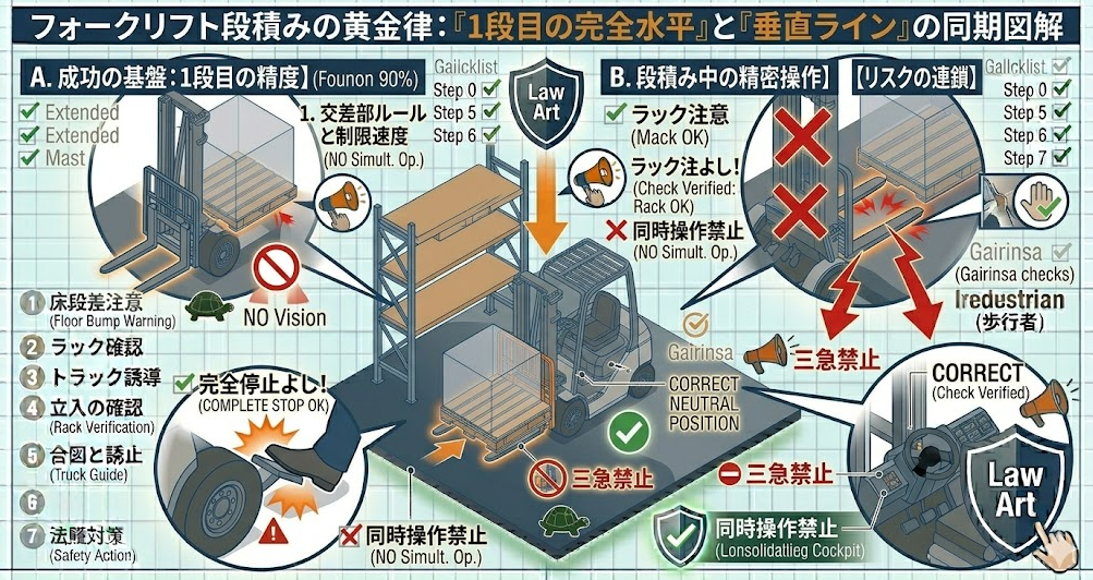 フォークリフトの荷役作業手順における「フォークリフト 運搬 トラック：輪止め・段差・荷台端の危険（落車・接触）」を把握して成功したフォークマン