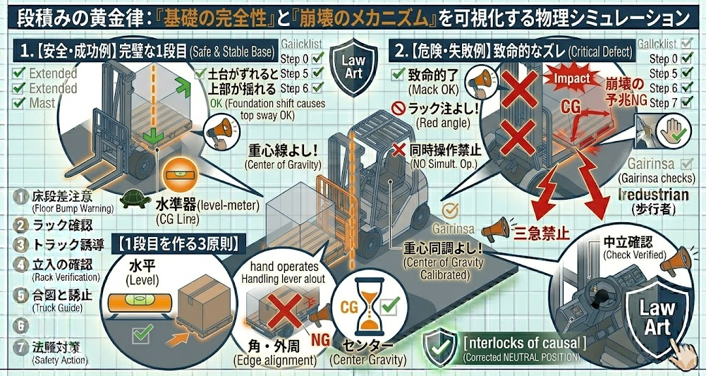 フォークリフトの荷役作業手順における「フォークリフト 段 積み コツ｜荷崩れを防ぐ段積みの基準（重心・水平・荷姿）と保管効率」を把握して成功したフォークマン