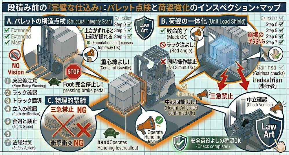 フォークリフトの荷役作業手順における「段積みの結論：1段目の精度が9割（水平・角・センター）」を把握して成功したフォークマン