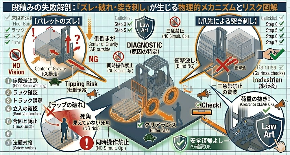 フォークリフトの荷役作業手順における「段積み中の荷役コツ（静かに置く／微調整は停止してから）」を把握して成功したフォークマン