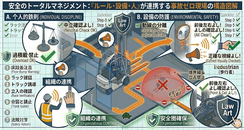 フォークリフトの荷役作業手順における「段積みで起きやすい失敗（ズレ・ラップ破れ・爪先接触・突き刺し）」を把握して成功したフォークマン