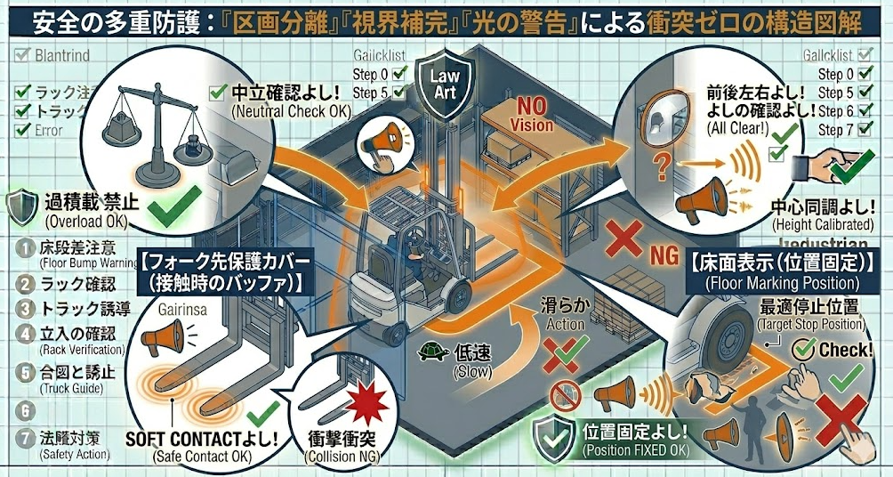 フォークリフトの荷役作業手順における「フォークリフト使用ルールを決めて掲示（制限速度・安全通路等）」を把握して成功したフォークマン