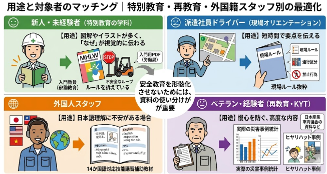 「用途と対象者のマッチング｜特別教育・再教育・外国籍スタッフ別の最適化」と題した、フォークリフト安全教育における対象者別のアプローチを4つのセクションで解説する図解イラスト。