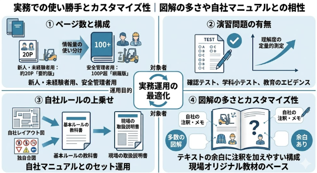 「実務での使い勝手とカスタマイズ性｜図解の多さや自社マニュアルとの相性」と題した、フォークリフト安全教育における「実務運用の最適化」のポイントを4つのセクションで解説する図解イラスト。