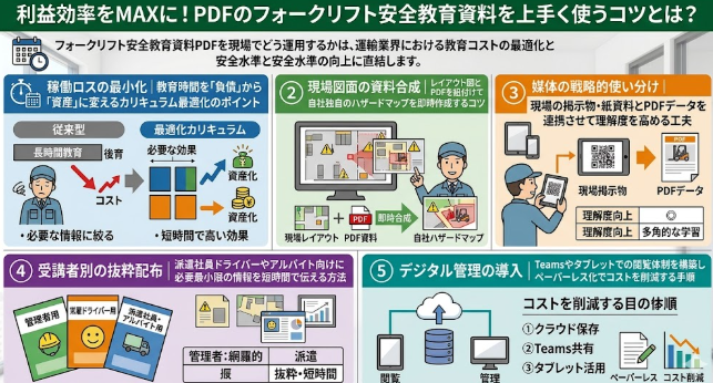「利益効率をMAXに！PDFのフォークリフト安全教育資料を上手く使うコツとは？」と題した、現場の教育コスト最適化と安全水準向上を両立するための5つの運用ノウハウをまとめた図解イラスト。