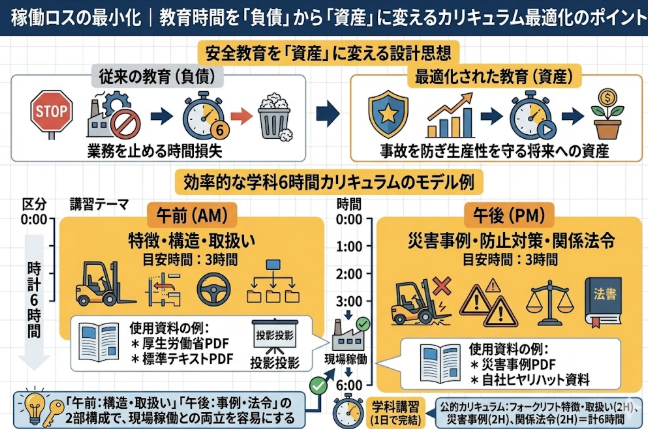 「稼働ロスの最小化｜教育時間を『負債』から『資産』に変えるカリキュラム最適化のポイント」と題した、フォークリフト学科講習のスケジュール設計を解説する図解イラスト。