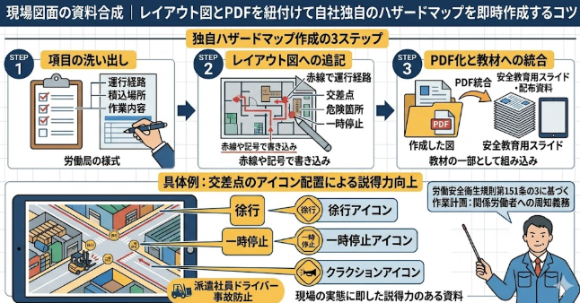 「現場図面の資料合成｜レイアウト図とPDFを紐付けて自社独自のハザードマップを即時作成するコツ」と題した、独自の安全教材を作成するステップを解説する図解イラスト。