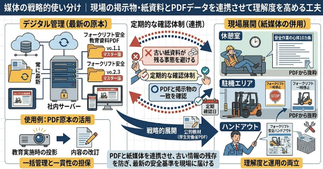「媒体の戦略的使い分け｜現場の掲示物・紙資料とPDFデータを連携させて理解度を高める工夫」と題した、デジタル管理とアナログな現場展開の連携手順を解説する図解イラスト。