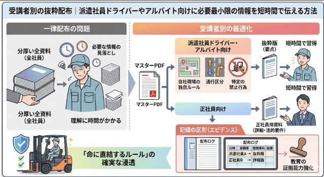 「受講者別の抜粋配布｜派遣社員ドライバーやアルバイト向けに必要最小限の情報を短時間で伝える方法」と題した、対象者に応じた教材最適化の手順を解説する図解イラスト。