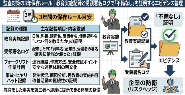 労働基準監督署等の監査対策に向けた「監査対策の3年保存ルール｜教育実施記録と受領署名ログで『不備なし』を証明するエビデンス管理」を解説する図解イラスト。