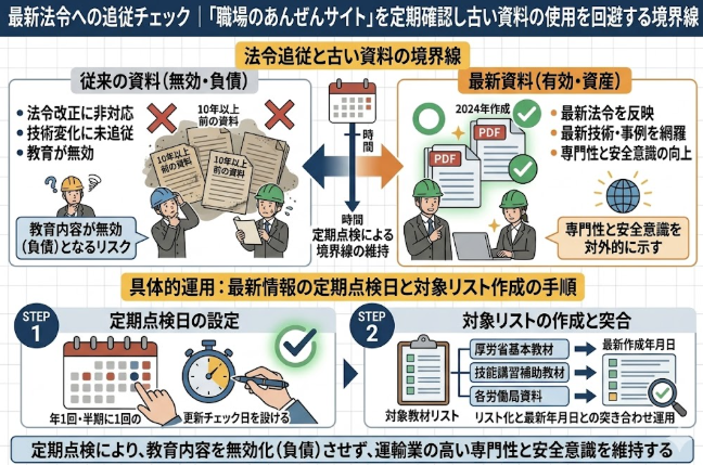 フォークリフト講習における「最新法令への追従チェック｜『職場のあんぜんサイト』を定期確認し古い資料の使用を回避する境界線」を解説する図解イラスト。