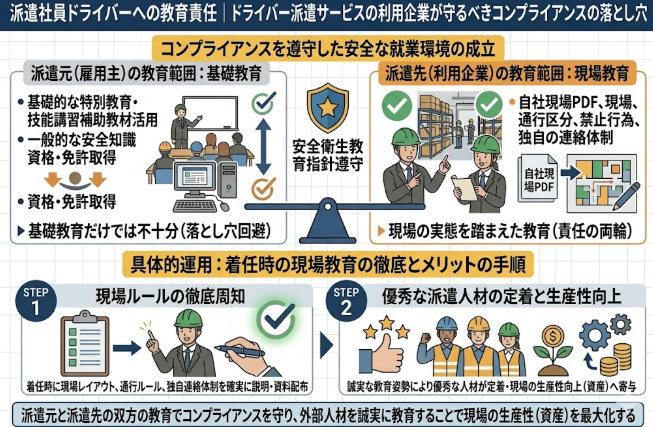 フォークリフト講習における「派遣社員ドライバーへの教育責任｜ドライバー派遣サービスの利用企業が守るべきコンプライアンスの落とし穴」を解説する図解イラスト。