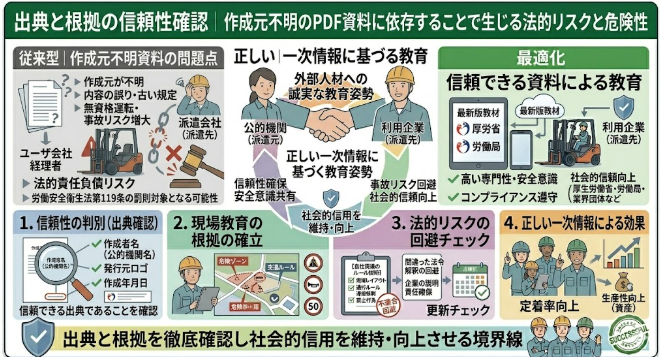 フォークリフト講習における「出典と根拠の信頼性確認｜作成元不明のPDF資料に依存することで生じる法的リスクと危険性」を解説する図解イラスト。