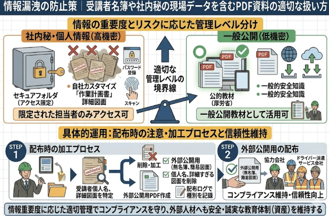 フォークリフト講習における「情報漏洩の防止策｜受講者名簿や社内秘の現場データを含むPDF資料の適切な扱い方」を解説する図解イラスト。