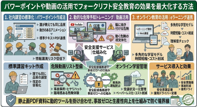 フォークリフト講習における「パワーポイントや動画の活用でフォークリフト安全教育の効果を最大化する方法」を網羅的に解説する図解イラスト。
