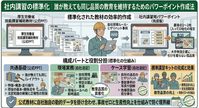 フォークリフト講習における「社内講習の標準化｜誰が教えても同じ品質の教育を維持するためのパワーポイント作成法」を解説する図解イラスト。