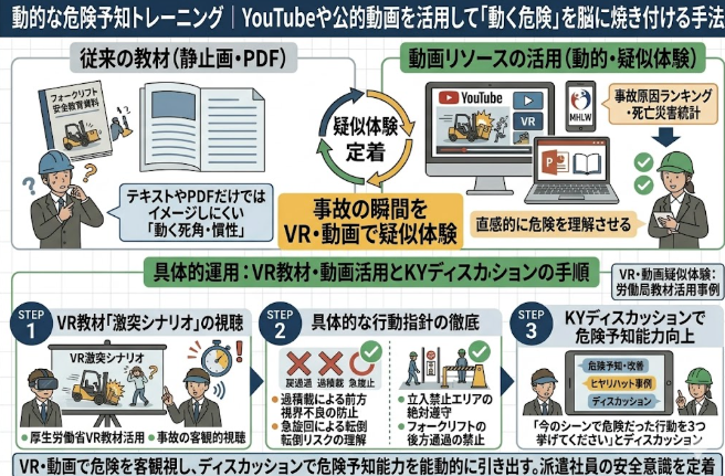 「動的な危険予知トレーニング｜YouTubeや公的動画を活用して『動く危険』を脳に焼き付ける手法」という見出しの図解イラスト。