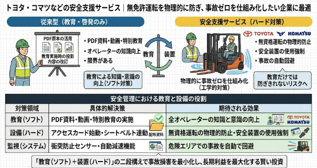 「トヨタ・コマツなどの安全支援サービス｜無免許運転を物理的に防ぎ、事故ゼロを仕組み化したい企業に最適」という見出しの図解イラスト。